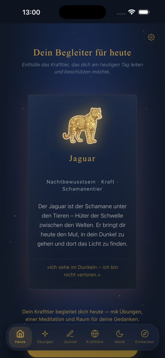Bildschirm Dein Begleiter für heute mit dem Krafttier Jaguar und seiner Botschaft