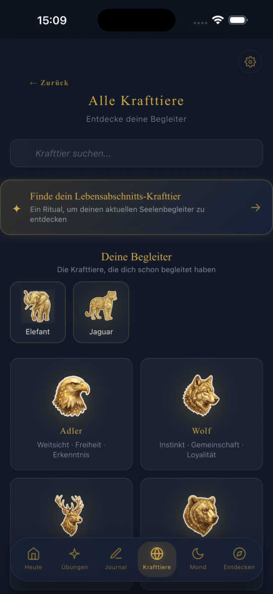 Übersicht aller Krafttiere mit der persönlichen Sammlung bereits begegneter Begleiter