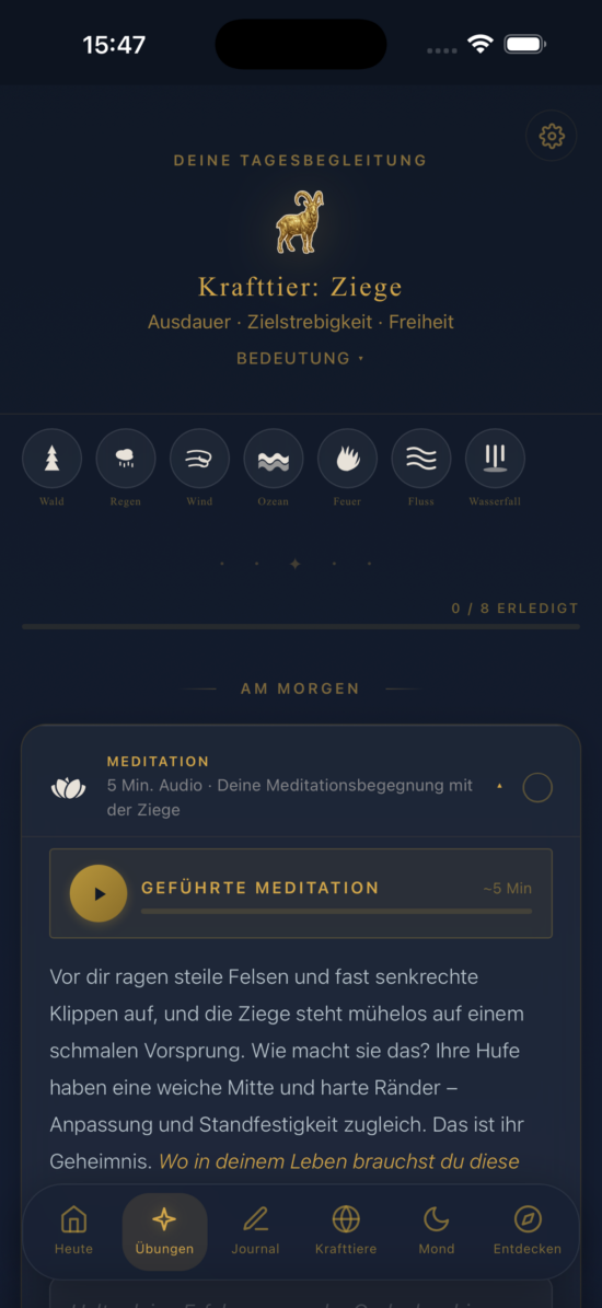 Übungsbildschirm mit geführter Meditation zum Krafttier Ziege und acht Wegen für den Tag