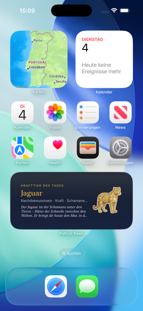iPhone Home-Bildschirm mit dem Widget, das das Krafttier des Tages mit Bild und Botschaft zeigt