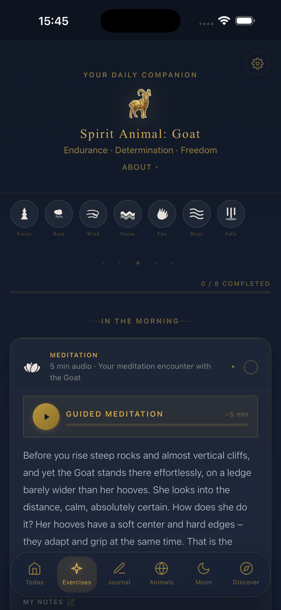 Exercise screen with a guided meditation for the spirit animal Goat and eight ways for the day