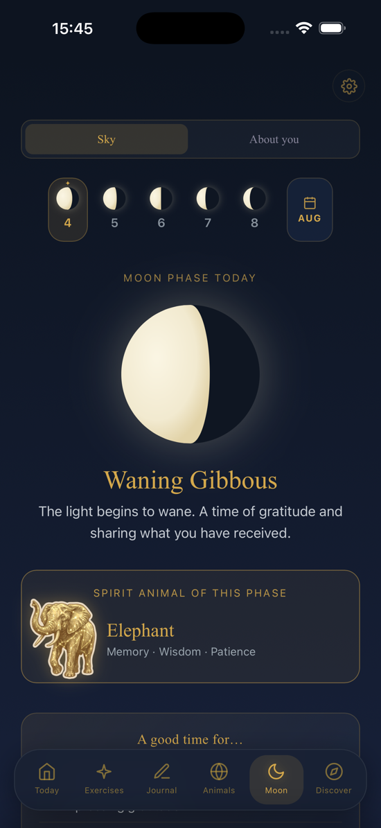 Moon screen with a waning gibbous moon, its spirit animal and a ritual impulse