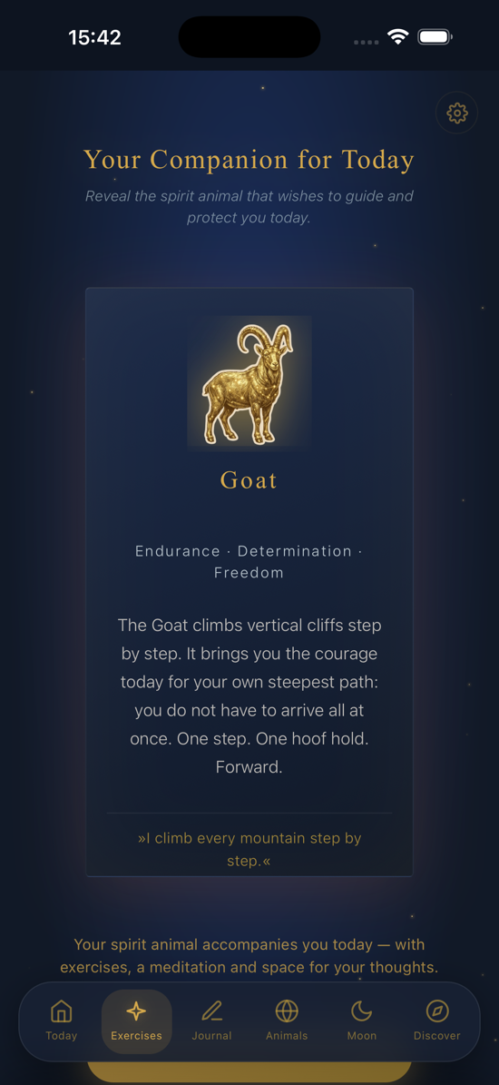 Screen Your companion for today showing the spirit animal Goat and its message