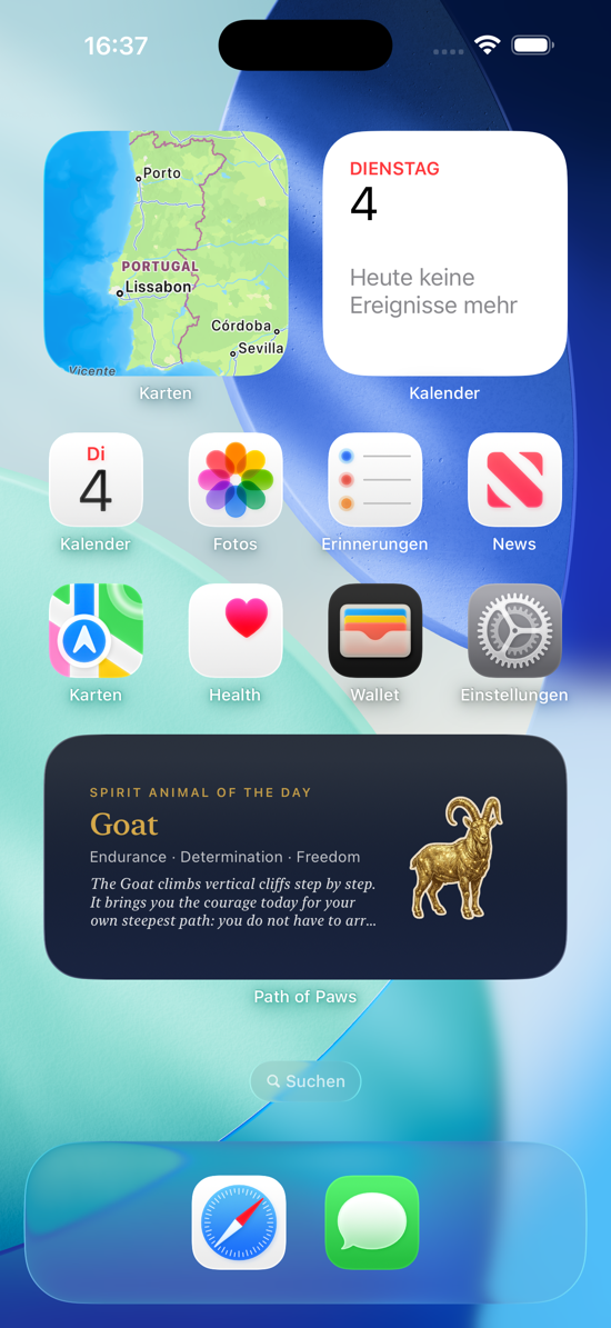 iPhone Home Screen with the widget showing the spirit animal of the day with image and message